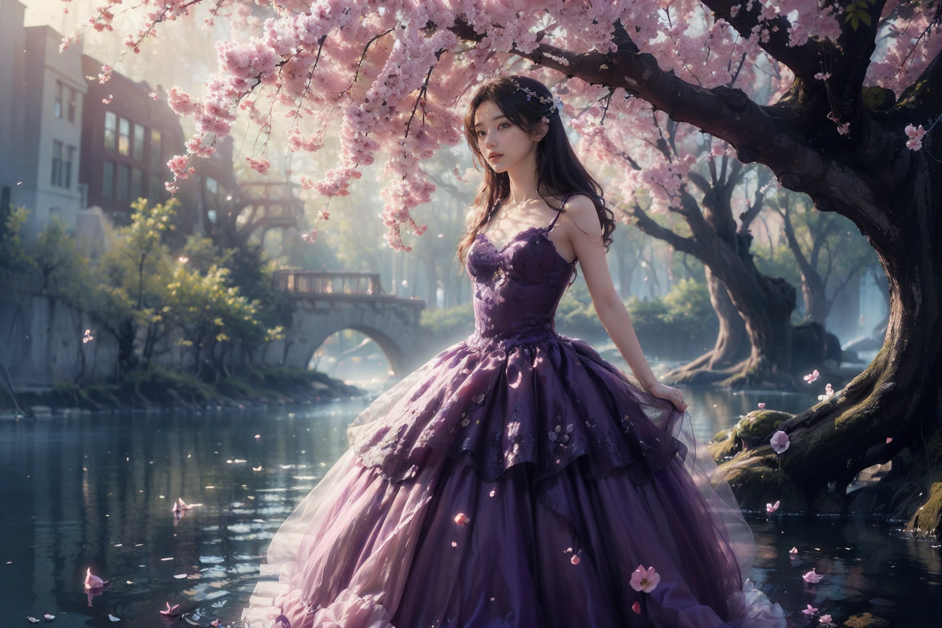 (the girl stood on a small island with only one tree:1.3),(an elegant and holy purple dress:1.2),(the romantic sky is tinged with a light purple hue:1.2),(the harmony and elegance of the integration of man and nature:1.1),ambiguity and mood,(elegant and delicate soft light:1.1),(a slightly tipsy sky:1.2),(there are many flowers blooming on the tree:1.2),soft skin,endless longing,the setting sun,
<lora:romantic_20231219170638-000010:0.8>,(purple petals:1.2),melodious purple petals,(purple atmosphere:1.2),(twisted trees:1.1),quiet lake water,photography,, (masterpiece:1,2), best quality, masterpiece, highres, original, extremely detailed wallpaper, perfect lighting,(extremely detailed CG:1.2ï¼