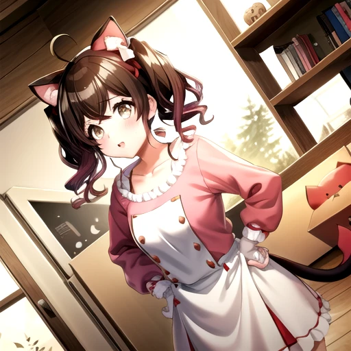 <lora:MuniOhNaruto-10:0.7>, munichan, dress, bow, holding,twintails, collarbone, tail, ahoge, hair bow, indoors, red bow, cat tail, sparkle, stuffed toy, stuffed animal, box, hands on hips, animal hands, animal costume, paw gloves, cardboard box, cat costume