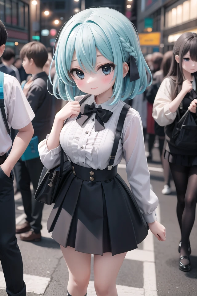 insanely detailed, absurdres, ultra-highres, ultra-detailed, best quality,
1girl, solo, nice hands, perfect hands,
BREAK
braid, shirt, holding, mary janes, socks, black skirt, long hair, white shirt, suspender skirt, white socks, long sleeves, ribbon, suspenders, standing, ruffles, black ribbon, bow , black bow tie, long skirt, black bow, neck ribbon, bowtie, bag
BREAK
happy smile, laugh, closed mouth, standing,
,
cute pose, cowboy shot,
BREAK
slender, kawaii, perfect symmetrical face, ultra cute girl, ultra cute face, ultra detailed eyes, ultra detailed hair, ultra cute, ultra beautiful,
BREAK
in harajuku, shibuya, tokyo, street, crowd, cityscape,
BREAK
medium large breasts,
(turquoise blue:1.3) medium hair, (black eyes:1.3), hair between eyes