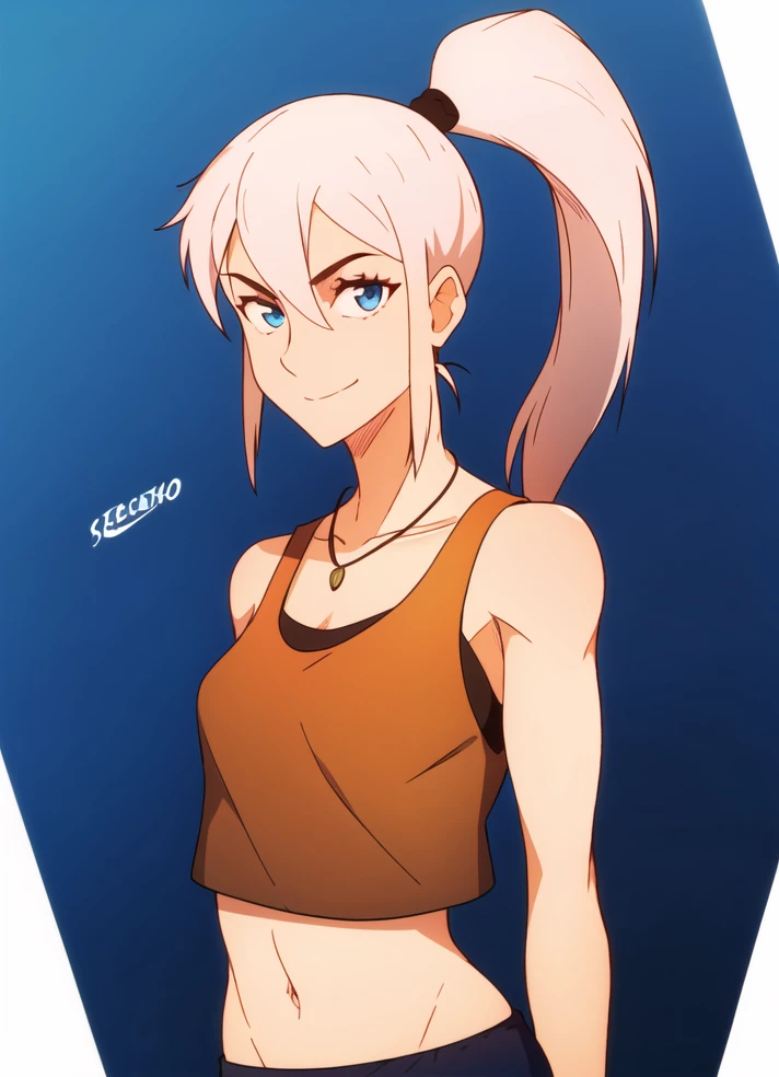 1girl, standing, looking_at_viewer, shiny_skin, white_background, collarbone, solo, solo, straight-on, arms_behind_back, happy, smile, necklace, upper_body, tank_top, midriff, looking_at_viewer,
<lora:homebrew_grafo_style:0.85>, <lora:LunaAOM:0.6>, white_hair, ponytail,