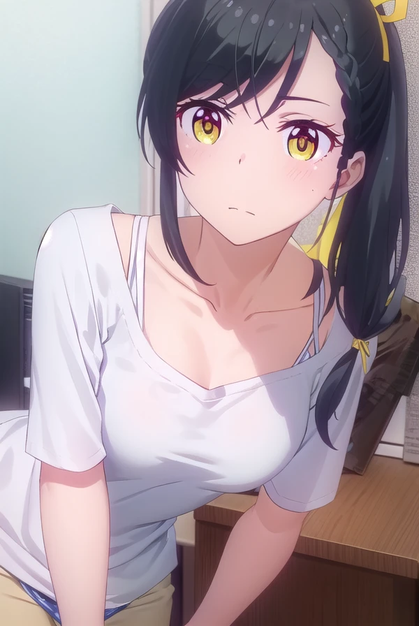 1middle age man, wrinkle face, black hair,bangs swept to the right side, Middle aged man behind girl, touching chest, biting shoulders, breatsgrope from behind, grab, grabbing chest,chestgrab behind back, removing bra, hold bra, hug back, hugging, neck kiss, 1girl, black hair, Twisted Half Up, red ribbon, long hair, long sleeve light yellow cardigan, off shoulder, open shirt, yellow shirt, cleavage, breast, medium breast, Orange shirt, cute, open mouth, full body, long sleeves, cowboy shot, masterpiece, on a dating, blushing, bedroom, night, sit on bed