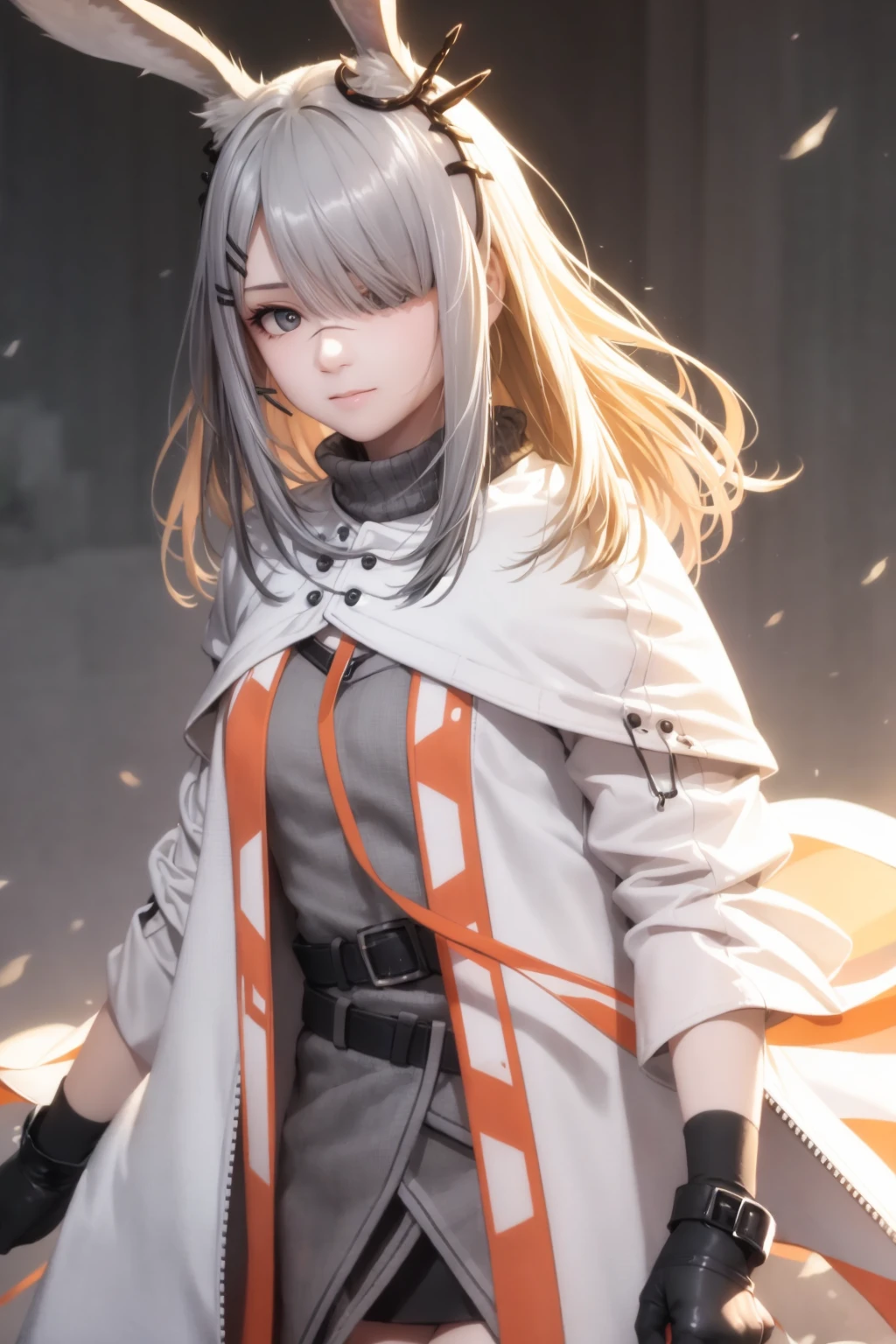 masterpiece, best quality, <lora:frostnova:1>,
1girl,rabbit ears,hair ornament,hair clip,grey hair, long hair,grey eyes, hair over one eye,scar on nose,white coat,open clothes,grey dress,belt,black gloves,arm band,long sleeves,
grey background,