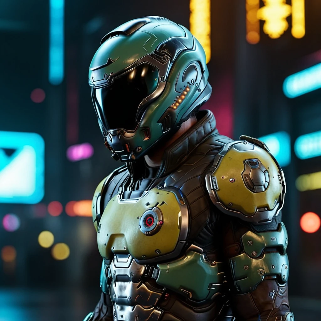 cinematic photo a man with a helmet, side view, full body,cyberpunk background <lora:Doom1024-000350:0.6> . 35mm photograph, film, bokeh, professional, 4k, highly detailed