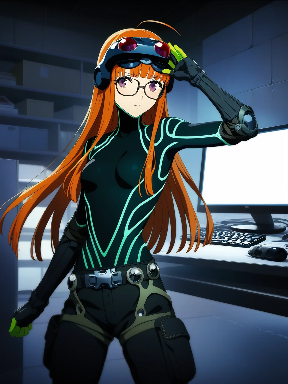 dsoracle, orange hair, long hair, blunt bangs, ahoge, purple eyes, glasses, bodysuit, gloves, goggles on head, belt, neon trim, 1girl, solo
BREAK
dark basement, computer monitor, depth of field, cinematic, game cg, anime screencap, official art, masterpiece, best quality
<lora:dsfutaba_a3b:1>