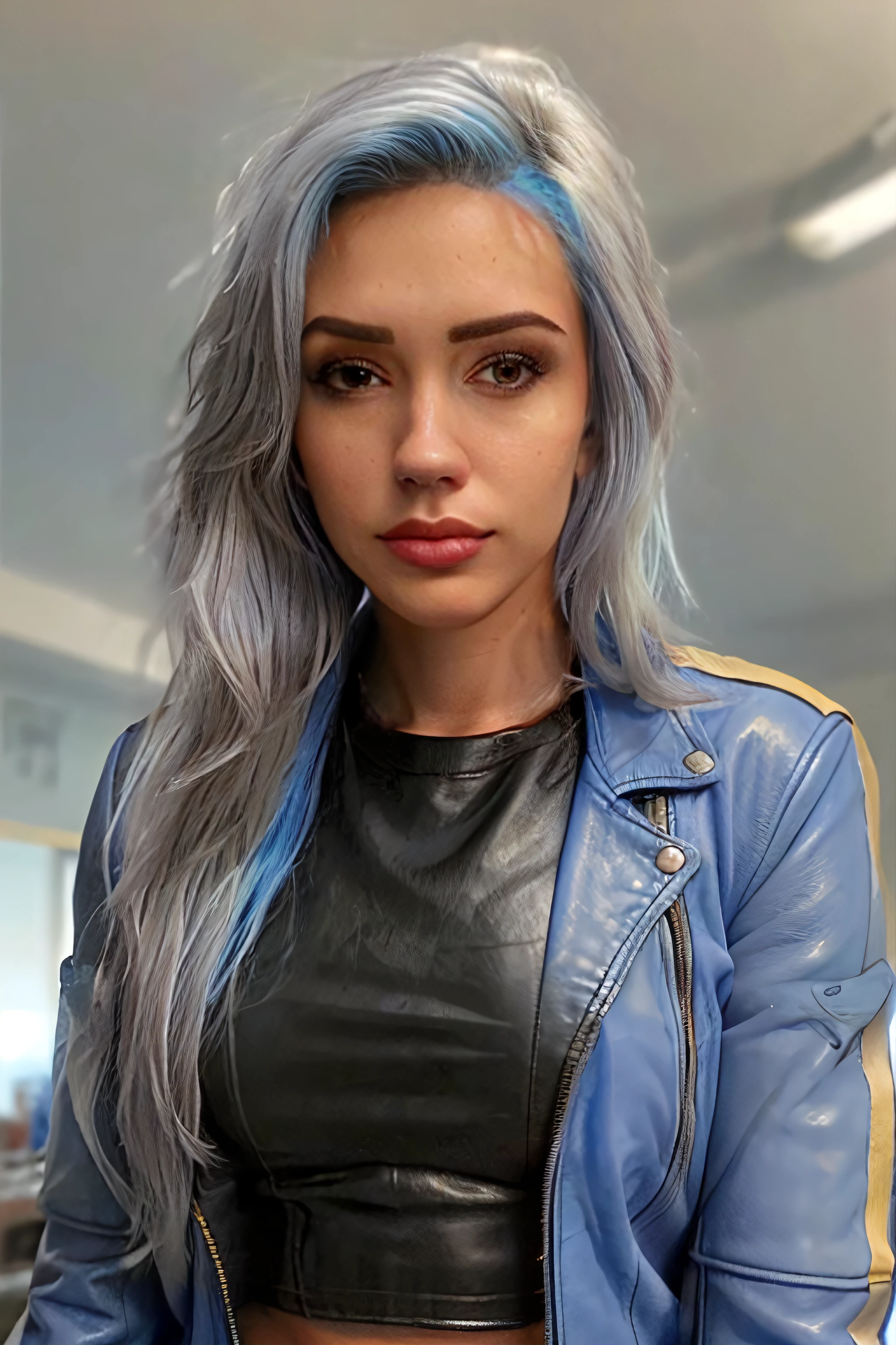 4l4n4hp, 1girl, face, upper body, blue hair, leather jacket