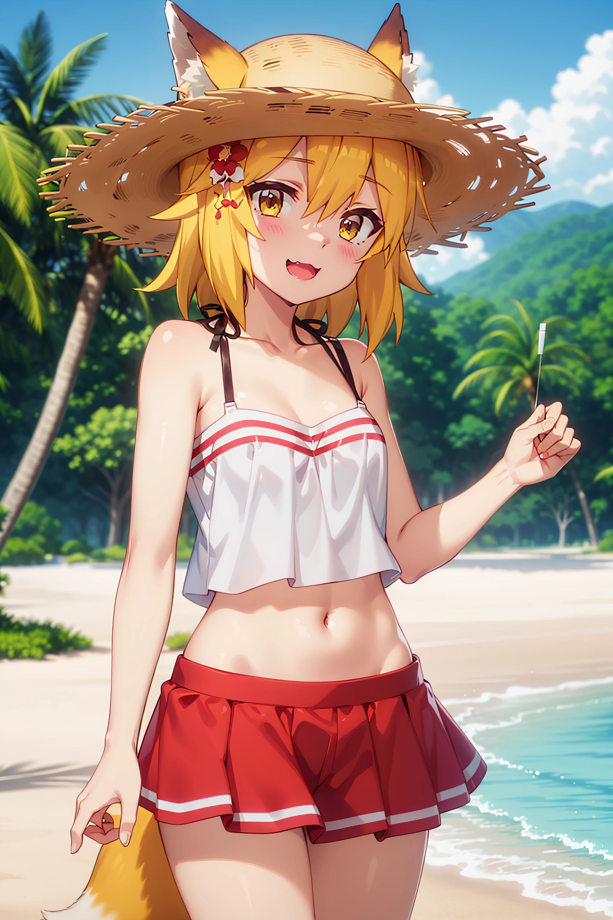 best quality, masterpiece, detailed,
<lora:SewayakiKitsune_Senko:0.8>, KitsuneSenko,
1girl, :3, open mouth,
orange hair, yellow eyes, medium hair, fox ears, fox tail,
SenkoSwimsuit, white camisole, midriff, red skirt, straw hat, hat flower,
standing, head tilt, looking at viewer,
outdoors, beach, water, palm