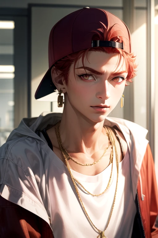 (best quality:1.1), (masterpiece:1.4), movie still, , , , , (realistic:1.4), 1boy, solo, male focus, <lora:satsuki_itou:0.78>, satsuki_itou, red hair, orange eyes, , earrings, , backwards hat, , , jacket, , , hospital,