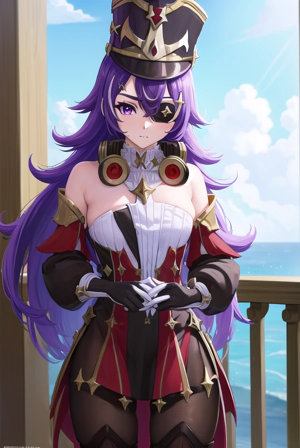 chevreuse, <lora:chevreuse-lora-nochekaiser:1>,
chevreuse, (eyepatch:1.5), long hair, mole, mole under mouth, multicolored hair, (purple eyes:1.1), purple hair, streaked hair, two-tone hair, very long hair, white hair,
BREAK bare shoulders, detached sleeves, black dress, black headwear, black pantyhose, boots, dress, earmuffs, earmuffs around neck, gloves, gold trim, gun, hat, pantyhose, red dress, shako cap, short dress, thigh boots, two-tone hair, white footwear, white gloves,
BREAK outdoors, city,
BREAK looking at viewer, (cowboy shot:1.5),
BREAK <lyco:GoodHands-beta2:1>, (masterpiece:1.2), best quality, high resolution, unity 8k wallpaper, (illustration:0.8), (beautiful detailed eyes:1.6), extremely detailed face, perfect lighting, extremely detailed CG, (perfect hands, perfect anatomy),
