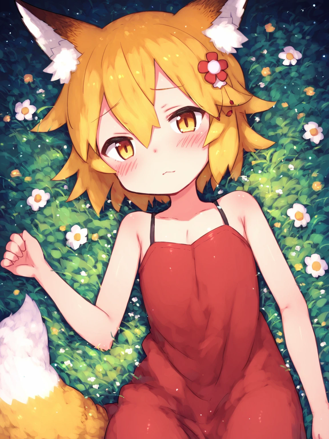score_8_up, score_7_up, score_6_up, best quality, masterpiece, source_anime, lying, in a field of flowers, red dress, white flower, looking at viewer, daisy, by aaaa \(quad-a\), 
BREAK
sen, blonde hair, animal ears, fox ears, blush, animal ear fluff, hair ornament, fox girl, hair flower, hair between eyes, short hair, fox tail, tail, flat chest, yellow eyes, young girl
<lora:senko_ponyxl_v1:1>