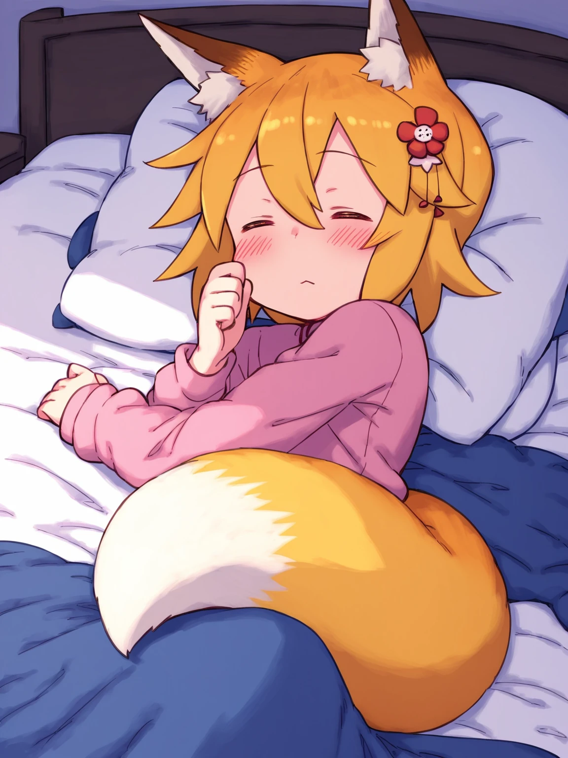 score_8_up, score_7_up, score_6_up, best quality, masterpiece, source_anime, bed, on_bed, bedroom, :3, sleeping, pajamas, blanket, by aaaa \(quad-a\)
BREAK
sen, blonde hair, animal ears, fox ears, blush, animal ear fluff, hair ornament, fox girl, hair flower, hair between eyes, short hair, fox tail, tail, flat chest, closed eyes, young girl
<lora:senko_ponyxl_v1:1>