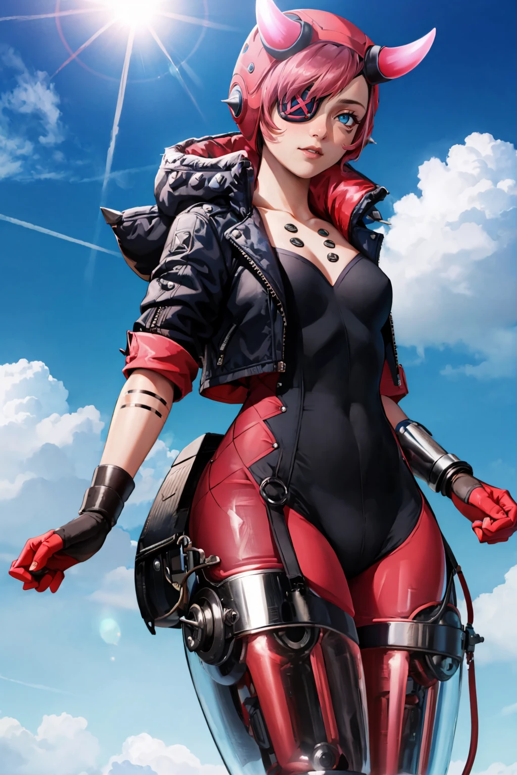 masterpiece, best quality, 1girl, solo, looking at viewer, breasts, outdoors, depth of field, lens flare, <lora:cyberpunkedwattson-guy-v3:1>, cyberpunkedwattson, horns, eyepatch, jacket, black headwear, gloves, single mechanical arm, bodysuit, mechanical legs,