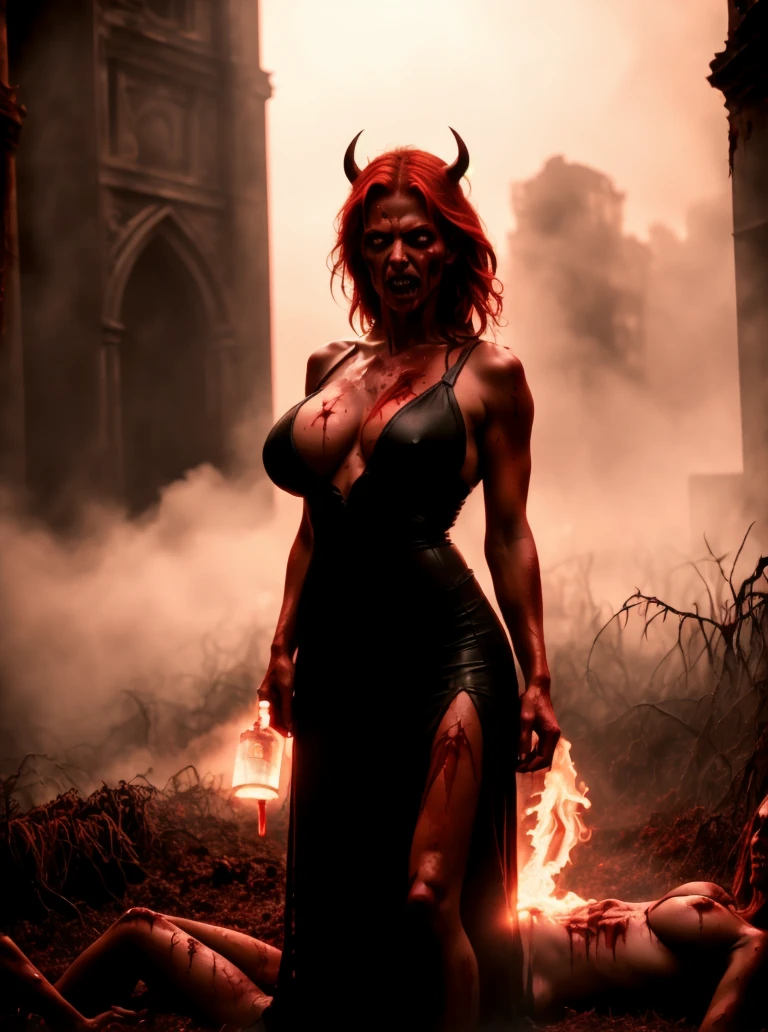 cinematic film still horror style movie still, horror movie, ((((happy sexy level 20 wizard)))) magical demon war battle  girls ,(black horns, gigantic full breasts ((alluring)) female, dress made of red smoke, white skin, red hair, black hair, pink glowing eyes, lusty demon, fetish Demon_War movie) many demon hoard (zombies war outdoors) and a outdoor behind her face, she is a tall demon, alluring, scary, orgy, demons, blood spray, blood, blood, battle, good vs zombies hordes, film still by <lora:Demon_War-000005:0.7> ((scary, dramatic, cinematic, volumetric, raytraced, photo realistic highly details)), Dungeons and Dragons, lich queen of lust, storm silverhand, temple of elemental evil . dark, eerie, gothic, macabre . shallow depth of field, vignette, highly detailed, high budget Hollywood movie, bokeh, cinemascope, moody, epic, gorgeous, film grain, grainy