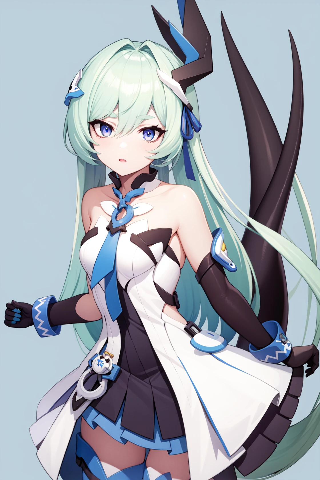 <lora:èèå¨-000011:1>, liliyaolenyeva,long hair,bangs,blue eyes,bare shoulders,gloves,thighhighs,black gloves,single horn,dress,hair between eyes,blue hair,tail,, 1girl,
,  (masterpiece,best quality:1.2),absurdres