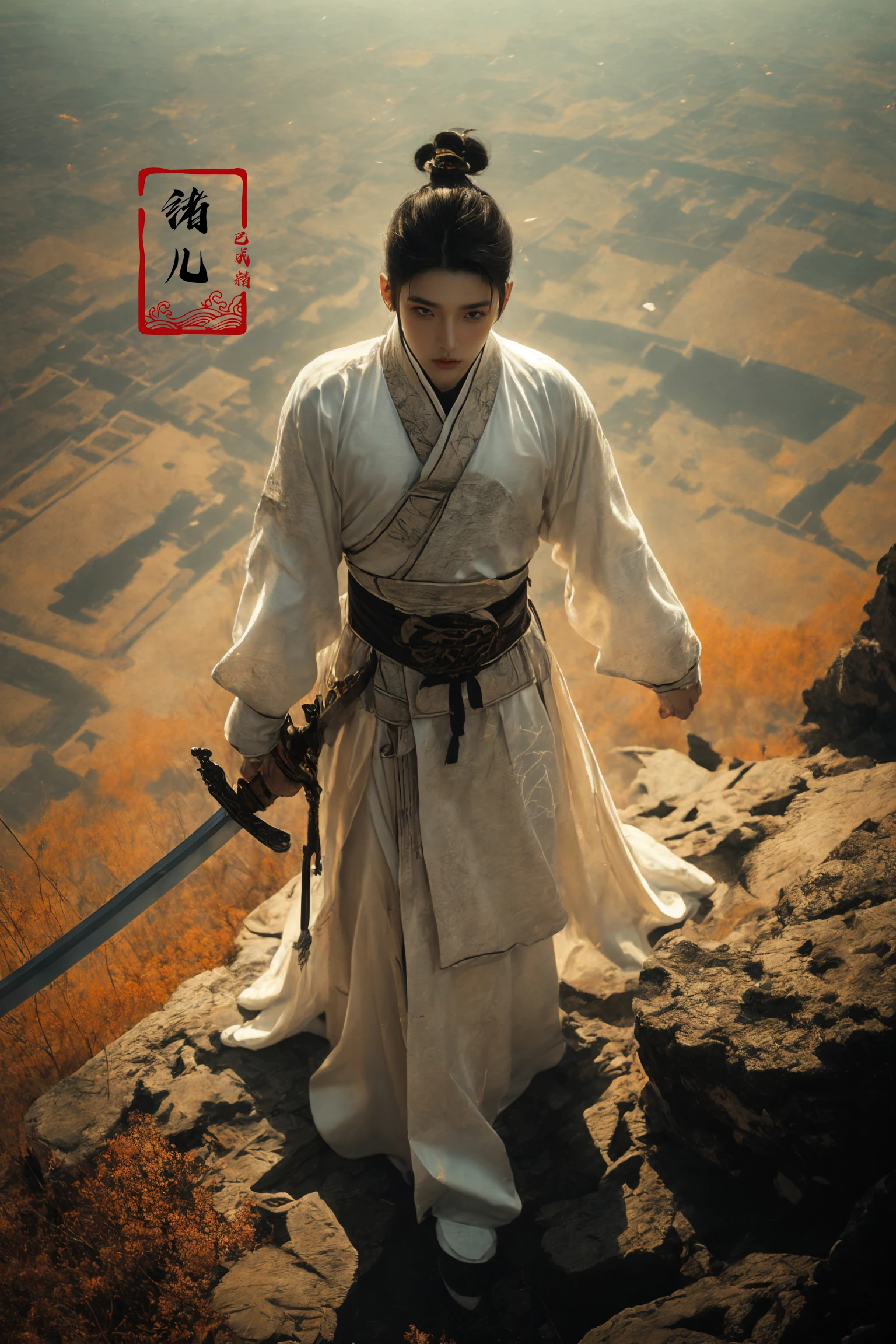 ultra high resolution, ((masterpiece))), (((best quality))), ((super detailed)),  ((extremely delicate and beautiful)),cinematic light, detailed environment(real),  Dynamic Angle, Perspective, High Point,pov(from above:1.1),
(1boy, solo, male focus:1.3), muscular, (holding sword:1.2) xuer Ancient Chinese sword, (full body:1.1),
A shot with tension(sky glows red,Visual impact,giving the poster a dynamic and visually striking appearance:1.2),Chinese Zen style,impactful picture,
designed by greg manchess,smoke, a model woman, bright eyes, glossy lips, futuristic gold face war paint, trending on art station, photoreal,
8 k, octane render by greg rutkowski,  art by Carne Griffiths and Wadim Kashin ,in the style of Dau-al-Set, Pollock, and inspired by MAPPA and Zdzislaw Beksinski,
<lora:~Q?N-VRQV2 xuer Ancient Chinese sword:0.8>