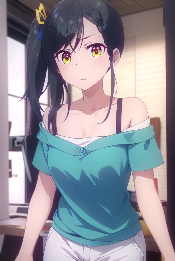 tsubamenarumi, <lora:tsubame narumi s2-lora-nochekaiser:1>,
tsubame narumi, black hair, ribbon, hair ribbon, (yellow eyes:1.3), side ponytail, braid, single braid,
BREAK collarbone, shirt, off shoulder, bra strap, short sleeves,
BREAK indoors, office,
BREAK looking at viewer, (cowboy shot:1.5),
BREAK <lyco:GoodHands-beta2:1>, (masterpiece:1.2), best quality, high resolution, unity 8k wallpaper, (illustration:0.8), (beautiful detailed eyes:1.6), extremely detailed face, perfect lighting, extremely detailed CG, (perfect hands, perfect anatomy),