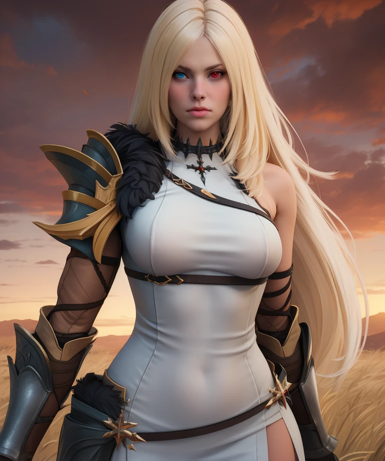 shane,blond hair,long hair,heterochromia,
short dress,single shoulder pad,fur trim,armor,arm bands,
upper body,
standing,plains,
(insanely detailed, masterpiece, best quality),solo,<lora:shane:0.8>,