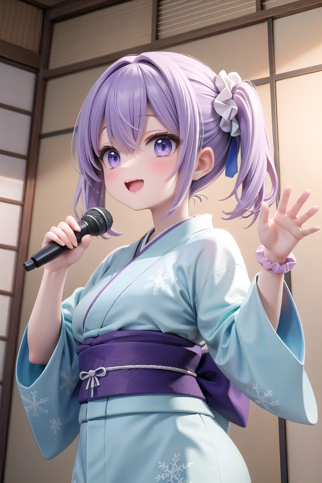 insanely detailed, absurdres, ultra-highres, ultra-detailed, best quality,
1girl, solo, nice hands, perfect hands
BREAK
(pastel-blue and white theme:1.4), (maxi length pastel-blue kimono with [white] obi:1.4), (Extremely detailed snowflake-symbol print:1.3), (wrap a white scrunchie around wrist:1.3),
(naked skin:-1), (white kimono:-1), (legs:-1.4), (slit:-1.4)
BREAK
happy smile, laugh, open mouth, (standing, singing, dancing, holding microphone:1.4),
from below,
seductive pose, cowboy shot
BREAK
slender, kawaii, perfect symmetrical face, ultra cute girl, ultra cute face, ultra detailed eyes, ultra detailed hair, ultra cute, ultra beautiful
BREAK
indoors, japanese, ryokan, tatami, futon
BREAK
medium breasts,
(purple hair, purple eyes), hair between eyes