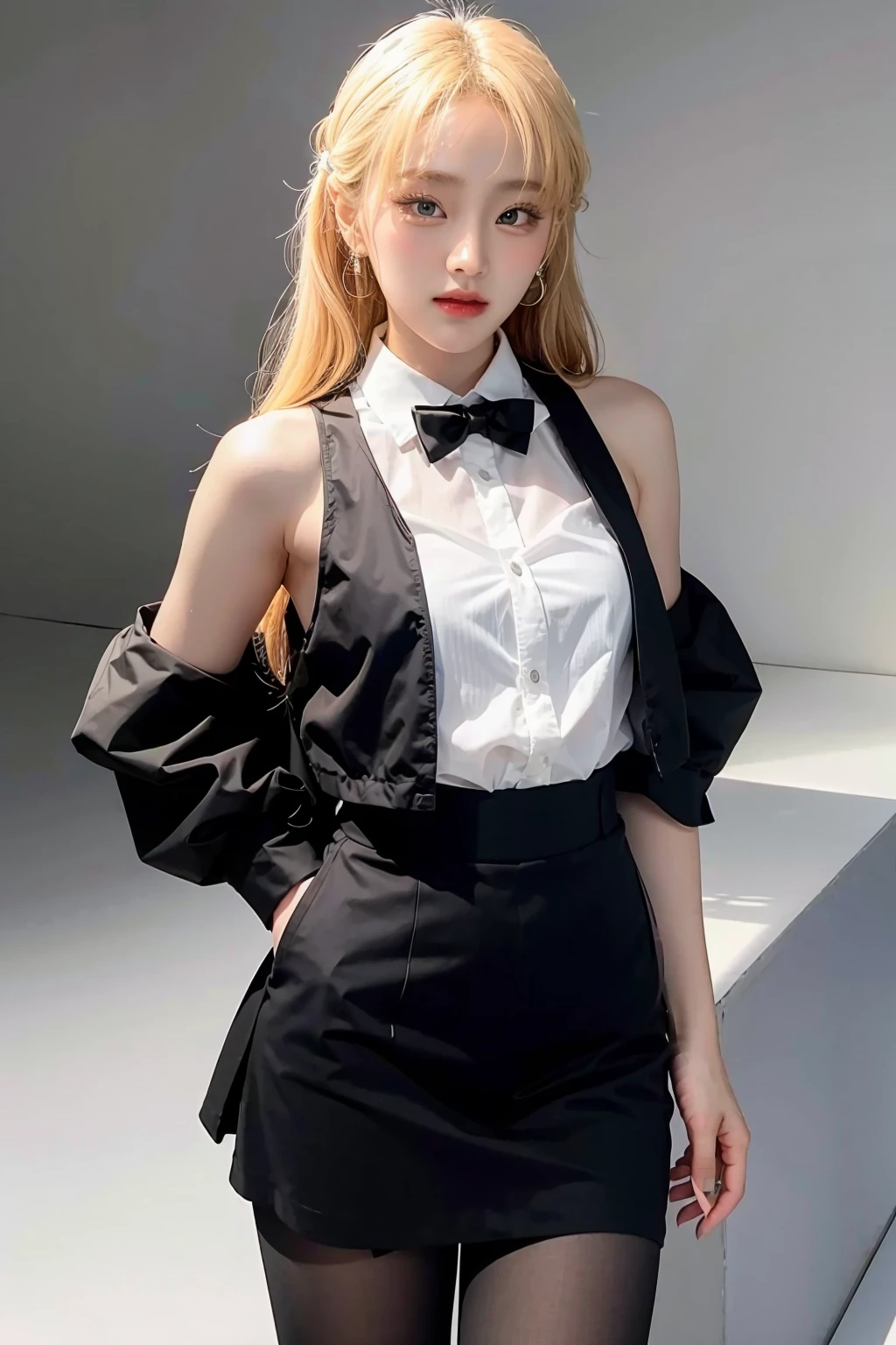 1girl, black random formal attire, white background, <lora:ppunnch_4EVE-02:1>