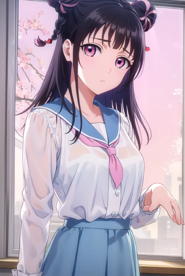 mahorojin, <lora:mahoro jin-lora-nochekaiser:1>,
mahoro jin, long hair, bangs, black hair, hair ornament, braid, (pink eyes:1.3), hair bun, twin braids, double bun, heart, heart hair ornament,
BREAK shirt, long sleeves, bow, school uniform, white shirt, serafuku, sailor collar, frills,
BREAK indoors, classroom,
BREAK looking at viewer, (cowboy shot:1.5),
BREAK <lyco:GoodHands-beta2:1>, (masterpiece:1.2), best quality, high resolution, unity 8k wallpaper, (illustration:0.8), (beautiful detailed eyes:1.6), extremely detailed face, perfect lighting, extremely detailed CG, (perfect hands, perfect anatomy),
