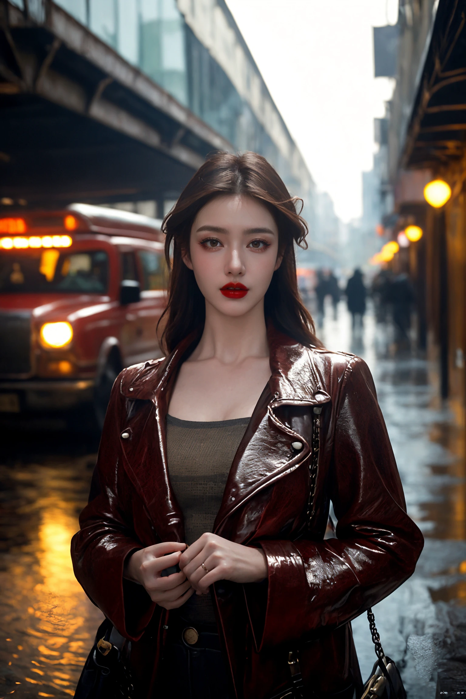((masterpiece)),((best quality)),((high detial)),((realistic,))
Industrial age city, deep canyons in the middle, architectural streets, bazaars, Bridges, rainy days, steampunk, European architecture,
A mature facesideways glance, (cold attitude,eyeshadow,eyeliner:0.9),(red lips:1.3),watery eyes,