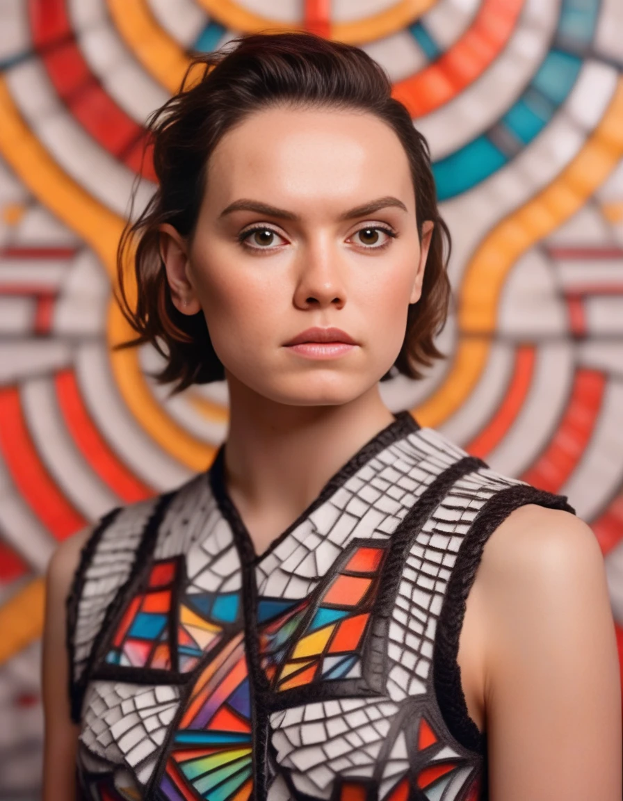 DaisyRidley,<lora:DaisyRidleySDXL:1>, cinematic photo (full-body:1.85) A futuristic portrait of a beautiful young woman on a simple paper studio background with a strong colourful intricate circular geometrical pattern, geometrical makeup, (highly detailed skin texture:1.6), pores, high contrast . 35mm photograph, film, bokeh, professional, 4k, highly detailed