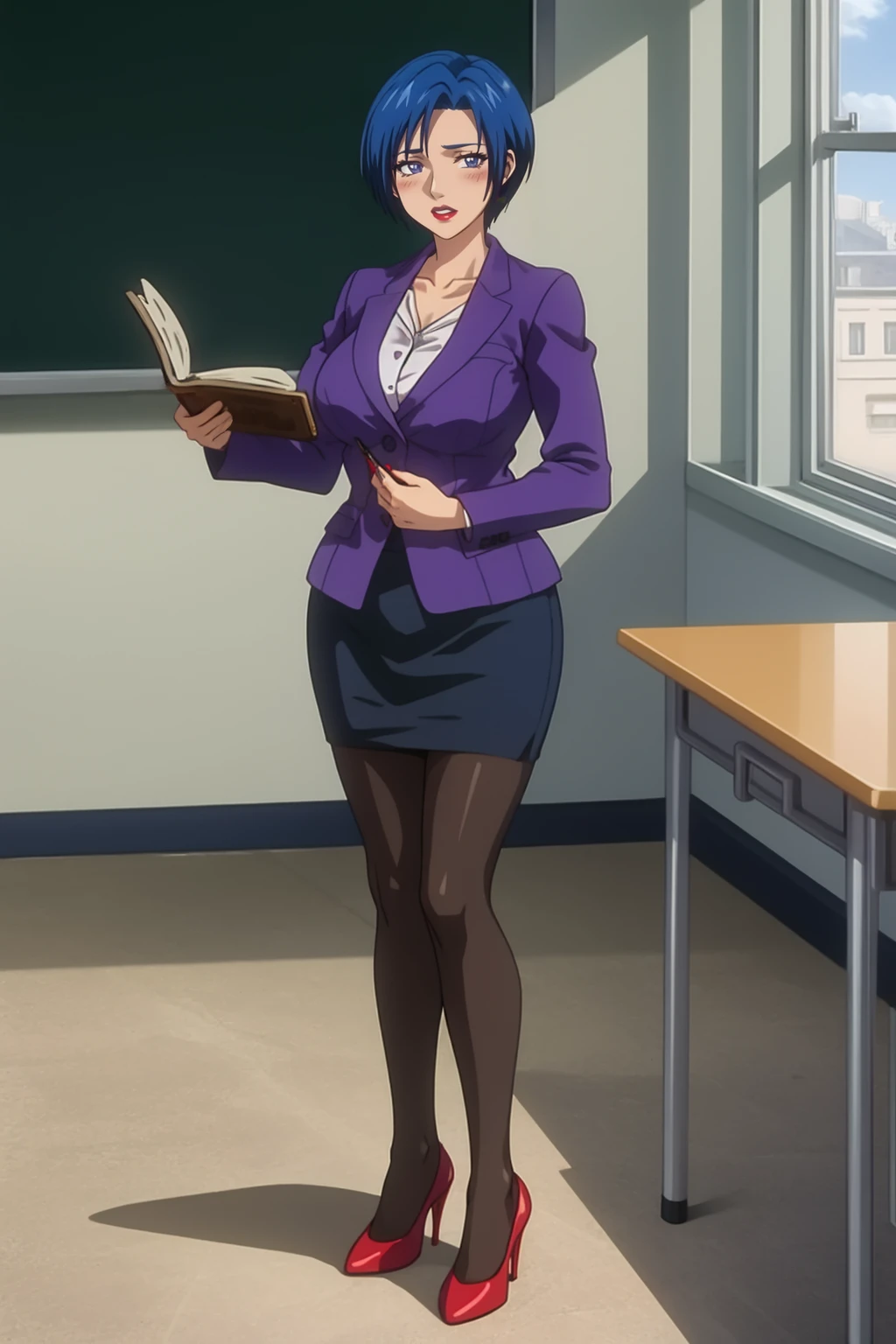 (masterpiece, high quality:1.1), detailed, cinematic lighting, shadows, digital official art,
AojikaMizuho, 1girl, solo, mature female, standing, holding book, full body,
looking at viewer, blush, teeth,
short hair, blue hair, blue eyes, red lips,
purple blazer, white shirt, pencil skirt, thighhighs, red high heels,
curvy, large breasts, thighs,
indoors, classroom, chalkboard, window, day,
<lora:AojikaMizuho:1>