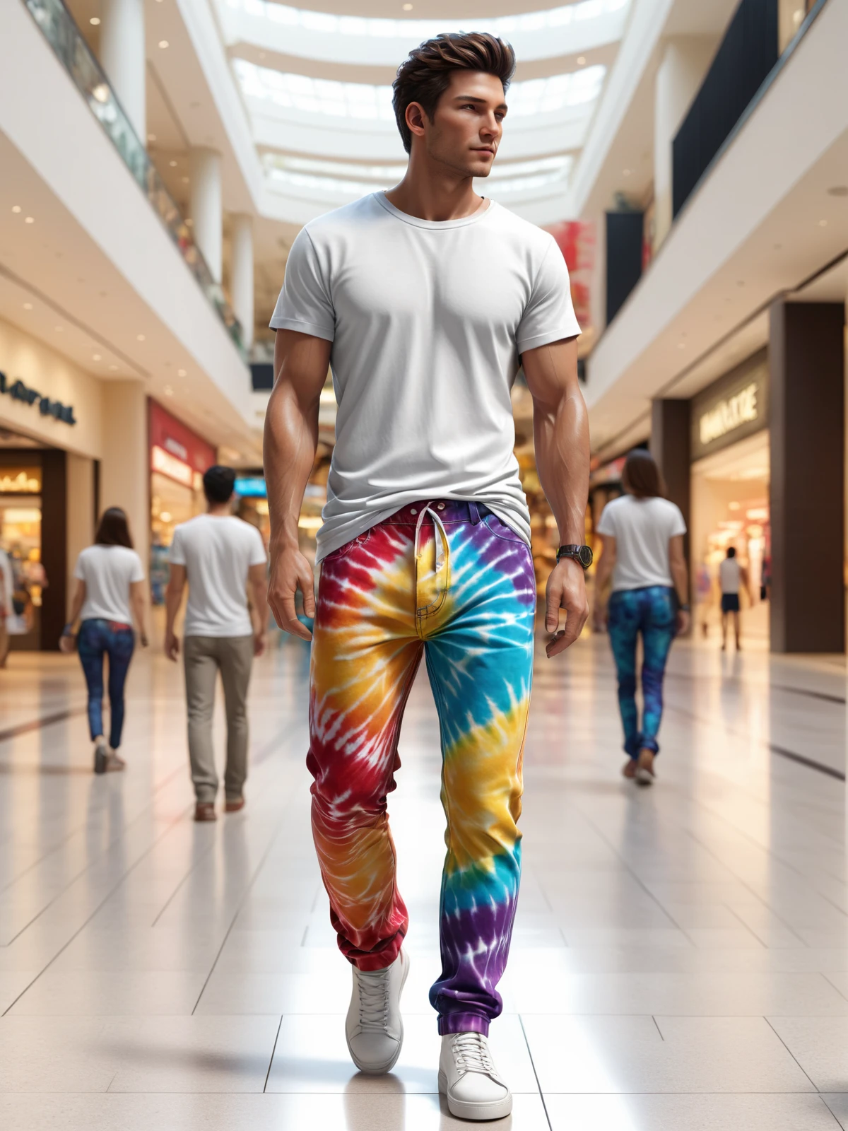 man wearing a mad-tiedye pants and white tshirt walking through mall <lora:Colorful_Tie-Dye_SDXL:0.6>, (masterpiece:1.2), best quality, (hyperdetailed, highest detailed:1.2), high resolution textures