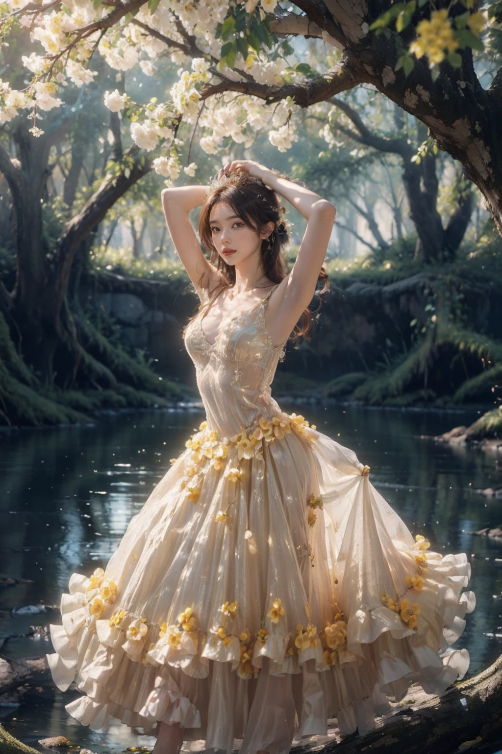 (a beautiful and elegant princess:1.3),(casta diva:1.3),(a princess dress with a sheer texture:1.2),soft and gorgeous dance movements,(yellow flowers blooming on the tree:1.2),(twisted tree:1.2),a winding stream,stand,<lora:wonderland natural fantasy_20231220003706-000011:0.7>,wonderland natural fantasy,photography,, (masterpiece:1,2), best quality, masterpiece, highres, original, extremely detailed wallpaper, perfect lighting,(extremely detailed CG:1.2ï¼