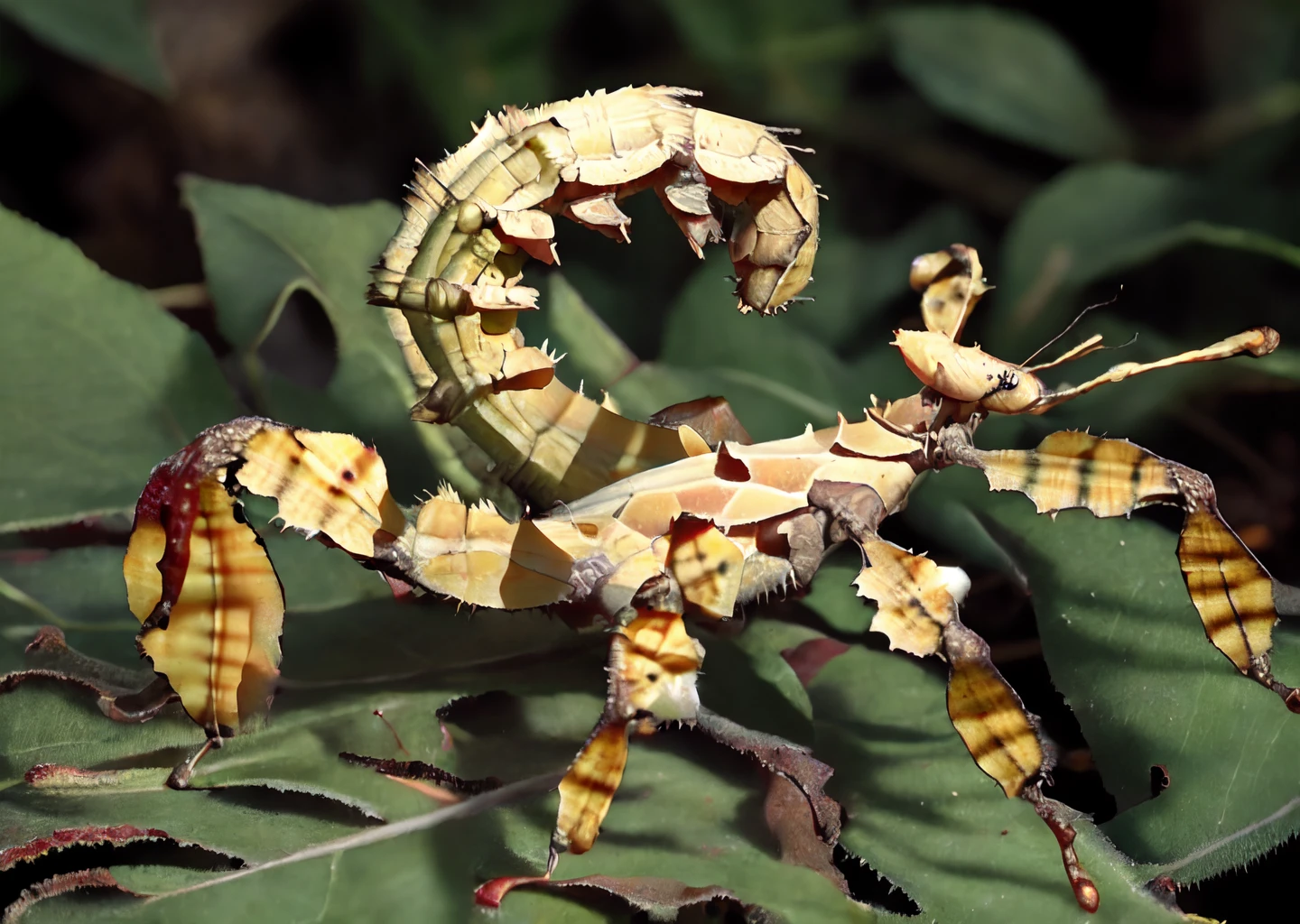 spinyleafinsect, full body, solo, on a leaf, head, eye, curly tail, macro photo, oversaturation of colour <lora:Spiny_Leaf_Insect:1>