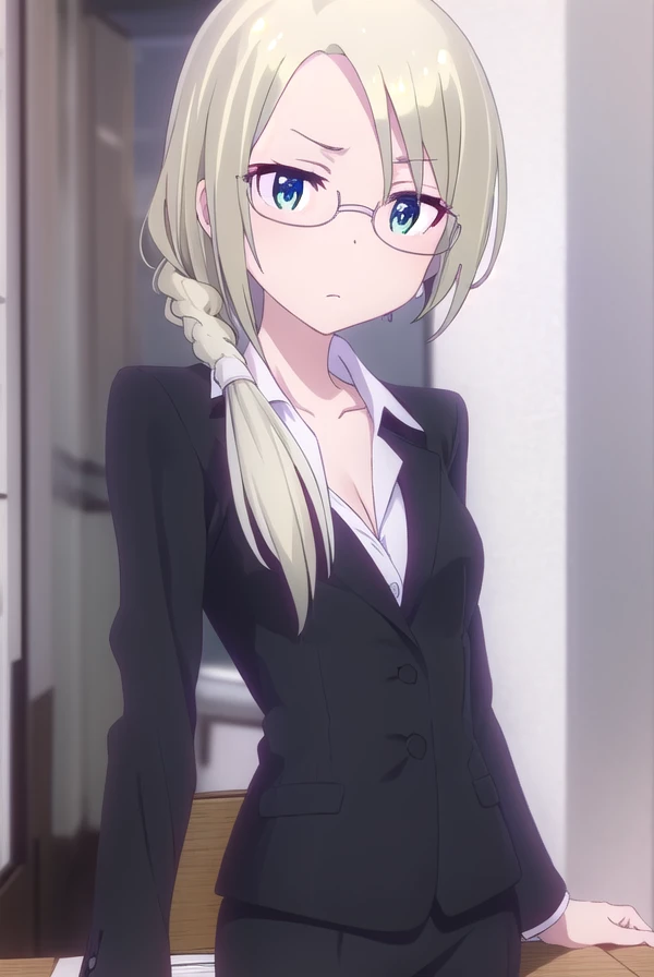 christinawakoyamato, <lora:christina wako yamato s2-lora-nochekaiser:1>,
christina wako yamato, long hair, blue eyes, blonde hair, (green eyes:1.3), glasses, hair over shoulder, semi-rimless eyewear, low ponytail, under-rim eyewear,
BREAK shirt, collarbone, jacket, white shirt, pants, black jacket, black pants, formal, suit, office lady, pant suit,
BREAK indoors, office,
BREAK looking at viewer, (cowboy shot:1.5),
BREAK <lyco:GoodHands-beta2:1>, (masterpiece:1.2), best quality, high resolution, unity 8k wallpaper, (illustration:0.8), (beautiful detailed eyes:1.6), extremely detailed face, perfect lighting, extremely detailed CG, (perfect hands, perfect anatomy),