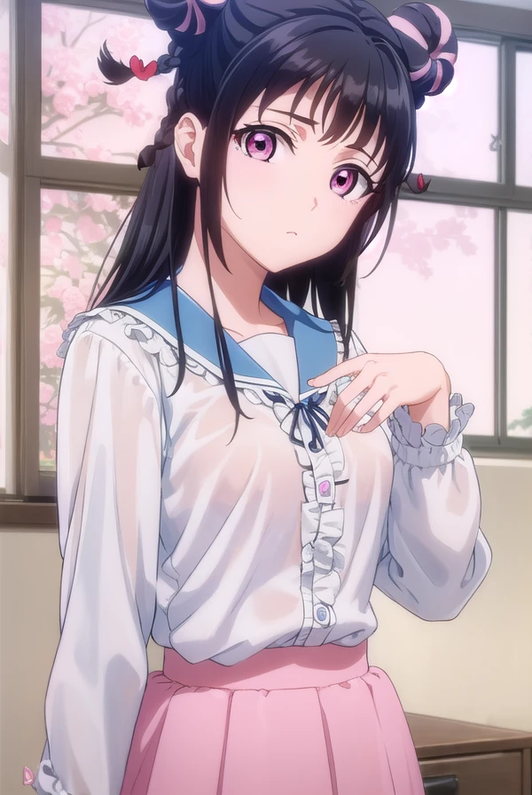 mahorojin, <lora:mahoro jin-lora-nochekaiser:1>,
mahoro jin, long hair, bangs, black hair, hair ornament, braid, (pink eyes:1.3), hair bun, twin braids, double bun, heart, heart hair ornament,
BREAK shirt, long sleeves, bow, school uniform, white shirt, serafuku, sailor collar, frills,
BREAK indoors, classroom,
BREAK looking at viewer, (cowboy shot:1.5),
BREAK <lyco:GoodHands-beta2:1>, (masterpiece:1.2), best quality, high resolution, unity 8k wallpaper, (illustration:0.8), (beautiful detailed eyes:1.6), extremely detailed face, perfect lighting, extremely detailed CG, (perfect hands, perfect anatomy),