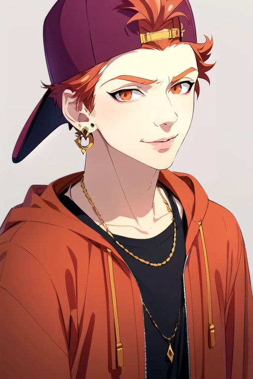 (best quality:1.1), (masterpiece:1.4), wallpaper, , upper body, , anime coloring, (realistic:1.4), 1boy, solo, male focus, <lora:satsuki_itou:0.86>, satsuki_itou, red hair, orange eyes, short hair, , earrings, hat, , baseball cap, demon costume, A magical kingdom where everything is perfect and everyone is happy,