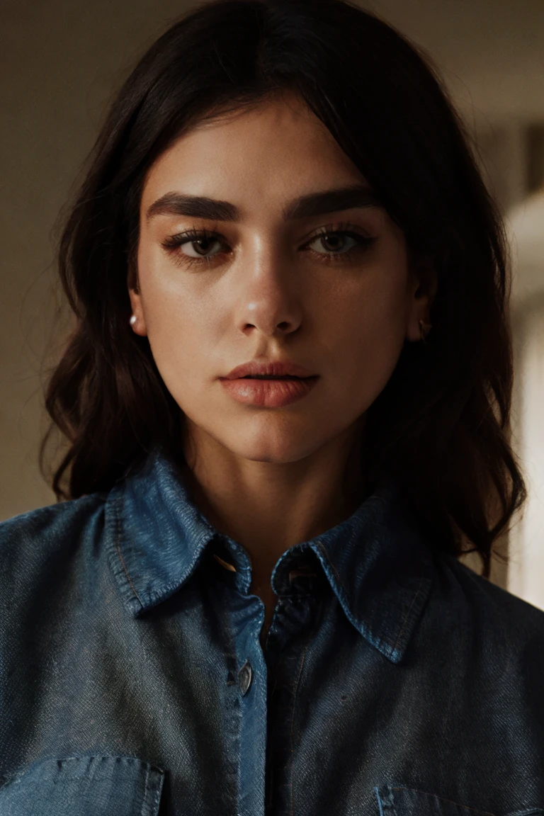 <lora:dua-01:1> du4,, Denim Button-Down Shirt, Low Saturation, Symmetrical Photography, over exposed, Flash with a diffuser and colored gel for a soft color cast (Diffused Colored Flash).