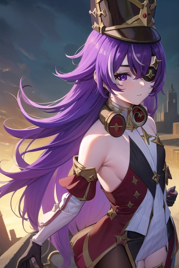 chevreuse, <lora:chevreuse-lora-nochekaiser:1>,
chevreuse, (eyepatch:1.5), long hair, mole, mole under mouth, multicolored hair, (purple eyes:1.1), purple hair, streaked hair, two-tone hair, very long hair, white hair,
BREAK bare shoulders, detached sleeves, black dress, black headwear, black pantyhose, boots, dress, earmuffs, earmuffs around neck, gloves, gold trim, gun, hat, pantyhose, red dress, shako cap, short dress, thigh boots, two-tone hair, white footwear, white gloves,
BREAK outdoors, city,
BREAK looking at viewer, (cowboy shot:1.5),
BREAK <lyco:GoodHands-beta2:1>, (masterpiece:1.2), best quality, high resolution, unity 8k wallpaper, (illustration:0.8), (beautiful detailed eyes:1.6), extremely detailed face, perfect lighting, extremely detailed CG, (perfect hands, perfect anatomy),
