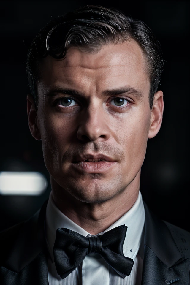 RAW face closeup portrait of a man wearing a tuxedo, professional photography, in blade runner, high resolution, 4k, 50mm, vaporwave, photo by Brooke Shaden, close portrait