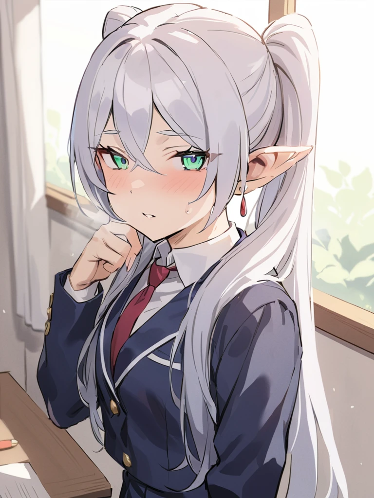 <lora:xl_Frieden2>,Frieden is a girl with white ponytails long hair green eyes and sharp ears,school uniform,, masterpiece, best quality,