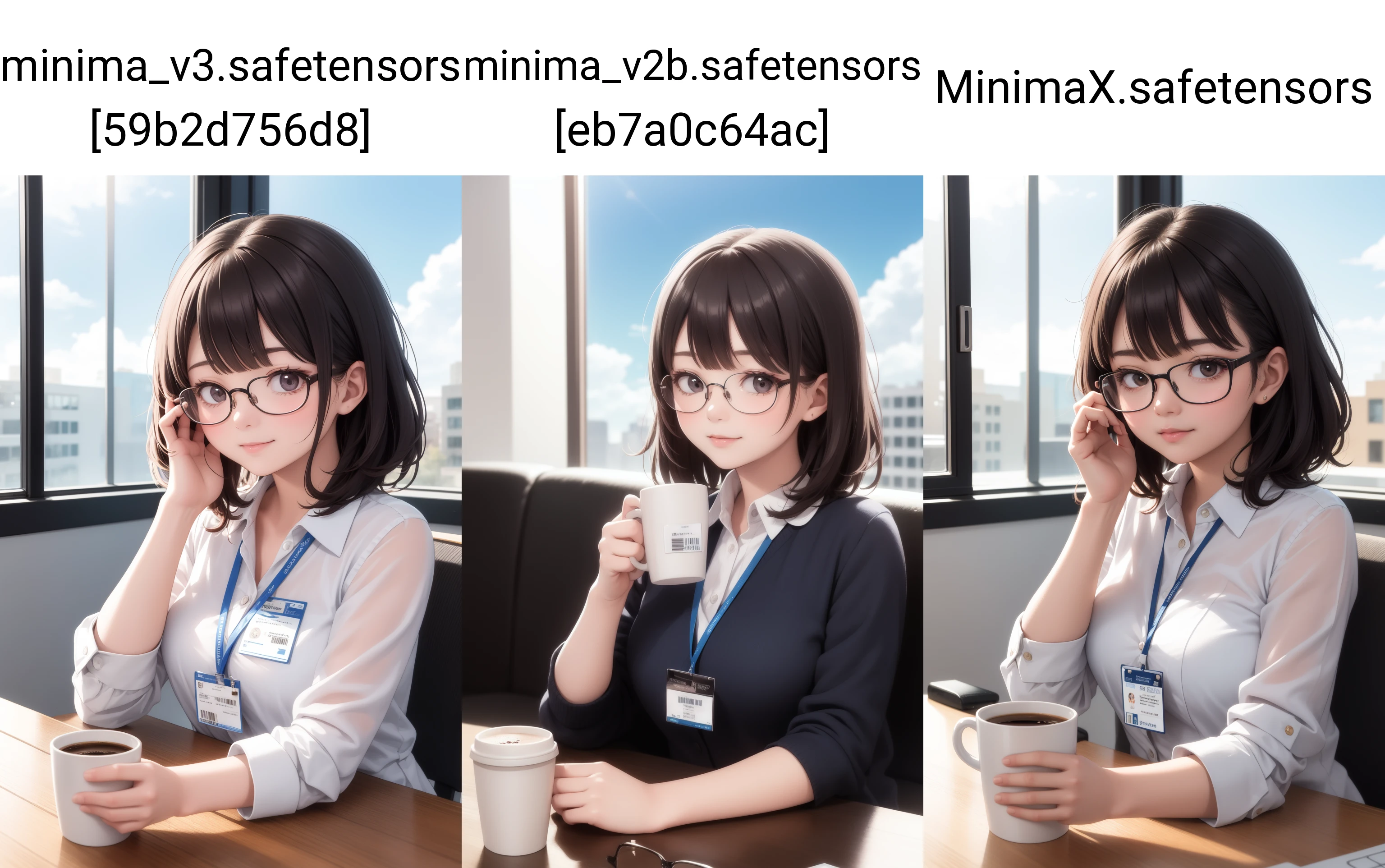 masterpiece, best quality, 1girl, office girl, medium hair, glasses, big window, cup of coffe, soft smile, blue sky, ID card