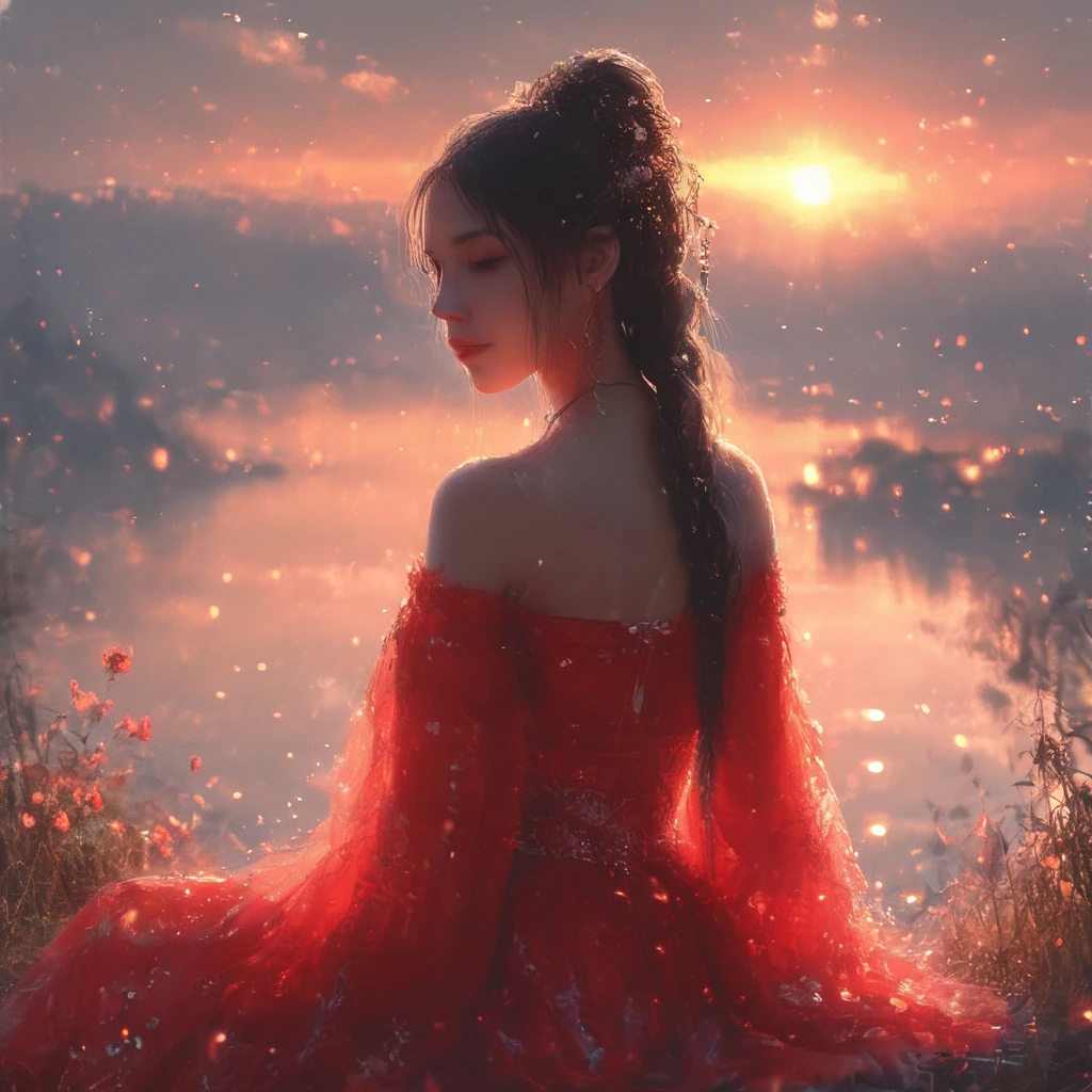anchereddressgirl, 1girl, solo, dress, sitting, red dress, long hair, hair ornament, bare shoulders, black hair, water, sky, grass, sunset, sun, flower, outdoors,<lora:AnchemixReddressgirl-000009:1>,