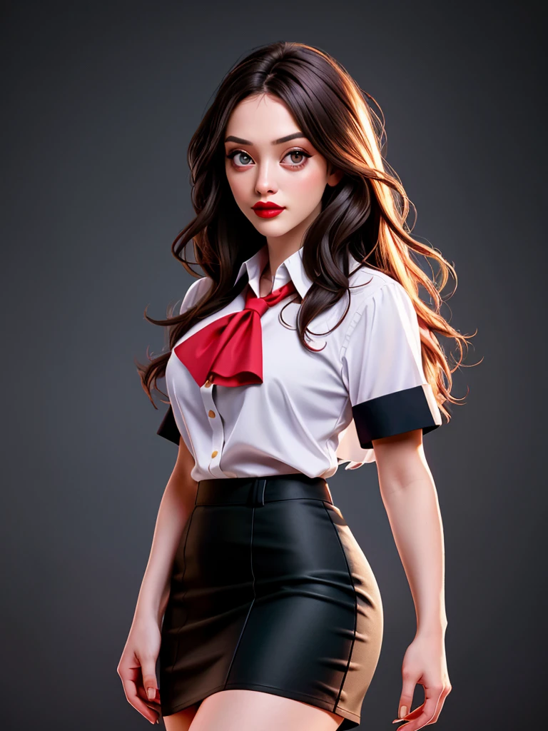 Realistic photo of a beautiful k4td3n woman, 1girl,solo,long hair,looking at viewer,skirt,simple background,brown hair,shirt,black hair,standing,white shirt,short sleeves,cowboy shot,black skirt,grey background,ascot,makeup,lipstick,pencil skirt,realistic,red lips, soft lighting, professional Photography, Photorealistic, detailed, RAW, analog, sharp focus, 8k, HD, high quality, masterpiece<lora:k4td3n:1.0>