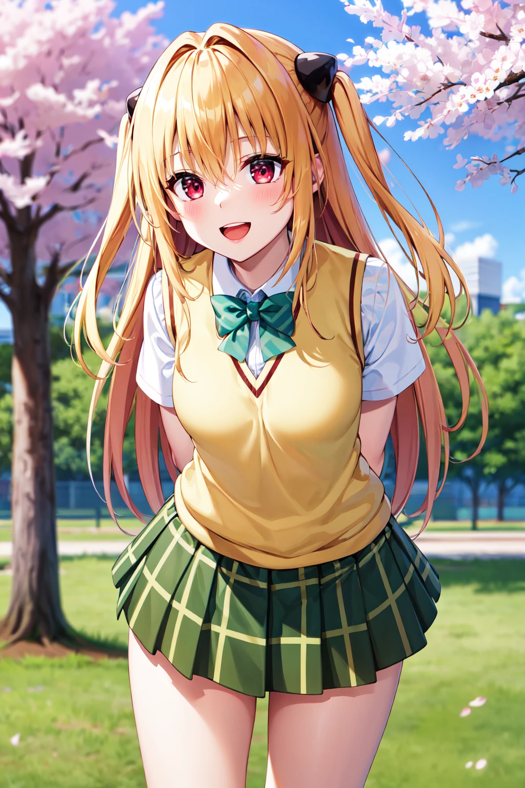 masterpiece, Highest quality, High resolution, Ayami, Very long hair, Both sides up, hair ornaments, , Green bow tie, White shirt, Sweater vest, Yellow vest, Short sleeve, Checked skirt, Green Skirt, Are standing, Cowboy Shot, smile, Outdoor, (((skirt lift))),(((Backwards)))Butt Show((bed))((White panties))