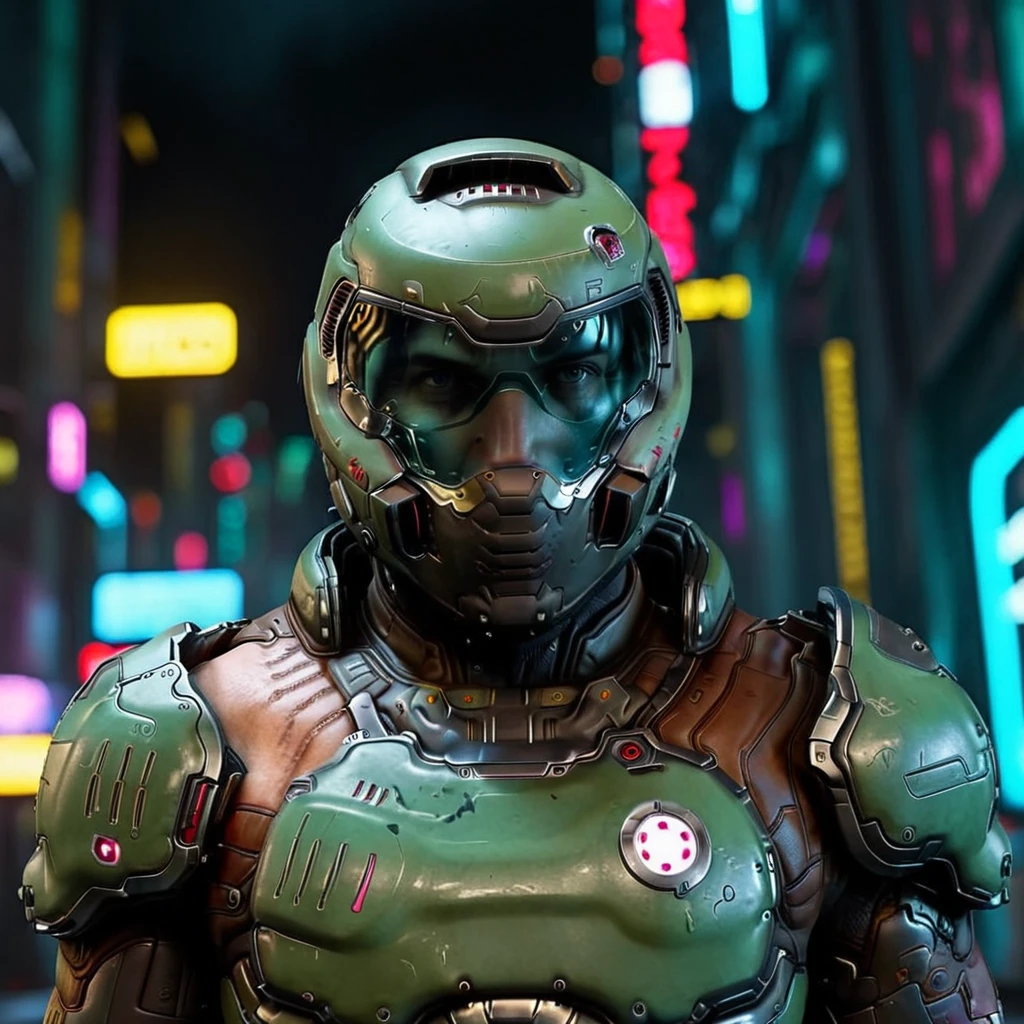 cinematic photo a man with a helmet, full body,cyberpunk background <lora:Doom1024-000350:0.8> . 35mm photograph, film, bokeh, professional, 4k, highly detailed