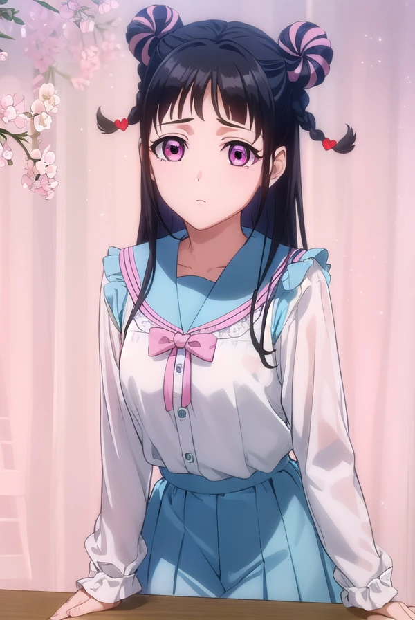 mahorojin, <lora:mahoro jin-lora-nochekaiser:1>,
mahoro jin, long hair, bangs, black hair, hair ornament, braid, (pink eyes:1.3), hair bun, twin braids, double bun, heart, heart hair ornament,
BREAK shirt, long sleeves, bow, school uniform, white shirt, serafuku, sailor collar, frills,
BREAK indoors, classroom,
BREAK looking at viewer, (cowboy shot:1.5),
BREAK <lyco:GoodHands-beta2:1>, (masterpiece:1.2), best quality, high resolution, unity 8k wallpaper, (illustration:0.8), (beautiful detailed eyes:1.6), extremely detailed face, perfect lighting, extremely detailed CG, (perfect hands, perfect anatomy),