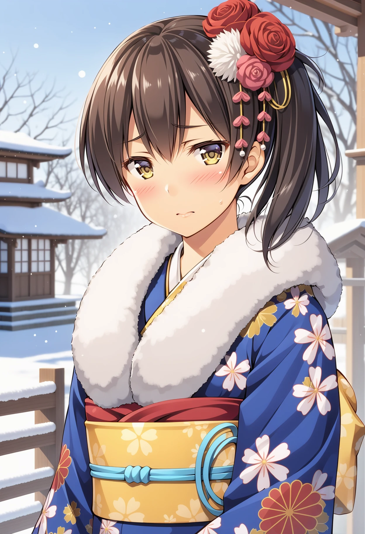 1girl, kaga \(kancolle\), kantai collection, (yuzu modoki), upper body, blue kimono, print kimono, fur trim, floral print, long sleeves, wide sleeves, blush, looking at viewer, embarrassed, side ponytail, furisode, obi, yellow bow, hair ornament, hair flower, brown eyes, outdoors, day, natural lighting, (masterpiece, best quality), outdoors, detailed scenery, winter, snow, (3d render:0.4), highly detailed, finely detailed <lora:kaga_ny_animaginexl_2-14:0.7>