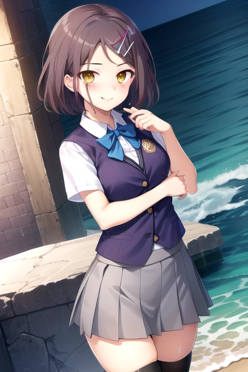 ((masterpiece)),(best quality),official art,extremely detailed CG,unity 8k wallpaper,ultra detailed,beautiful detailed eyes,extremely detailed face,A lighthouse on a cliff by the sea,1girl,solo,cowboy shot,looking at viewer,facing viewer,smile,brown hair,short hair,hairclip,hair ornament,side swept bangs,yellow eyes,short sleeves,blue vest,purple bow,blush,white shirt,collared shirt,medium breasts,miniskirt,grey skirt,pleated skirt,black thighhighs,loafers,<lora:Izumi Chinatsu(rk):0.9>,