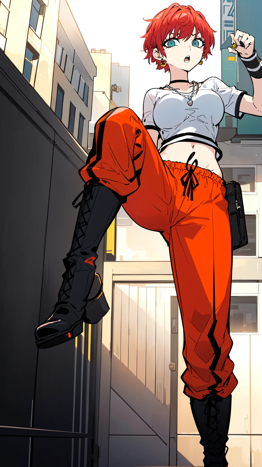 kwonie, ((kicking air pose)), 1woman, red short hair, teal eyes, yellow earnings, silver pendant, white top, orange pants, black neck collar, black bracelets, (((black boots))), 8k, 16k, trending on pixiv, fanbox, skeb, masterpiece, detailed face, digital painting, street background, <lora:kwonie:0.7>