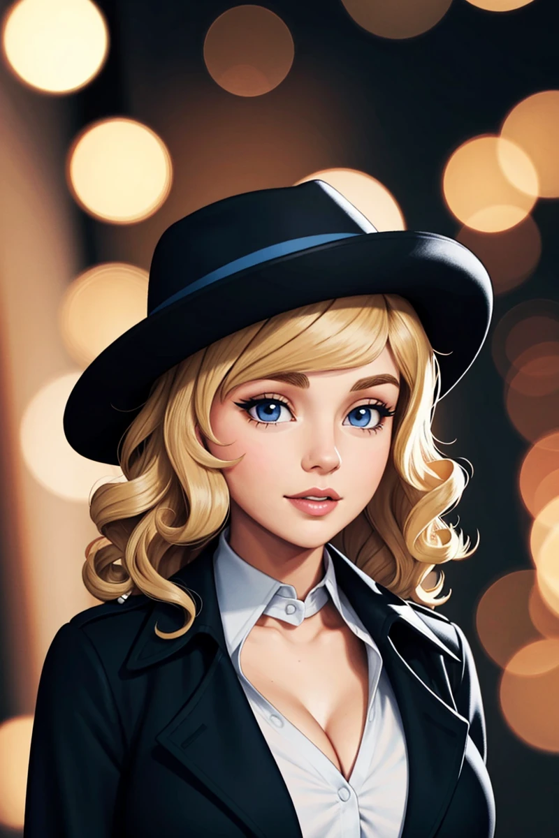 (bokeh:1.2), (cartoon, western cartoon), best quality, highly detailed, detailed face, detailed body, cute, adorable, 1girl, (head, torso, upper body, portrait), (1920's, detective noir, black trench coat, white blouse, fedora, curly blonde hair, blue eyes), (adult, 20 year old, medium breasts, mature, curvy),