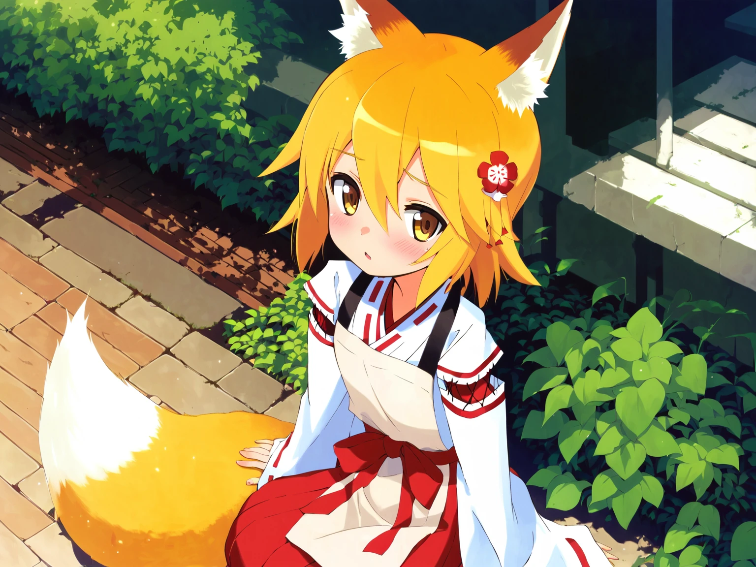 score_8_up, score_7_up, score_6_up, best quality, masterpiece, uncensored, source_anime, kneeling, outdoors, garden, miko, apron japanese clothes, ribbon mesh sleeves, (by tony taka:0.7)
BREAK
sen, blonde hair, animal ears, fox ears, blush, animal ear fluff, hair ornament, fox girl, hair flower, hair between eyes, short hair, fox tail, tail, flat chest, yellow eyes, young girl
<lora:senko_ponyxl_v1:1>