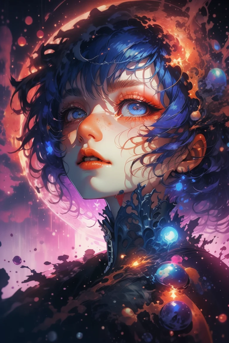 (Dramatic Painting:1.3) of a photo of a girl, gothic, moon, night, particles, sparkles, flames,(cyberpunk:1.2),(close portrait:1.3),(Feminine:1.4),(beautiful:1.4),(attractive:1.3),handsome,calendar pose,perfectly detailed eyes,studio lighting,thematic background,
<lora:Unleashed_V2:1.3>, shiny, shiny hair, shiny skin, shiny clothes