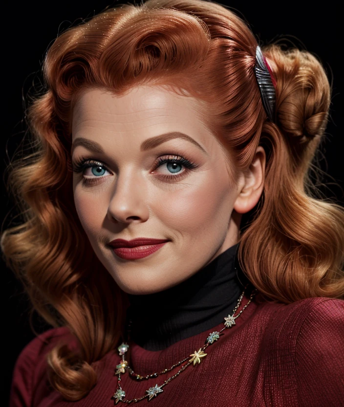 l3c0b3o, Ultra-HD-details, Black background, smile, detailed eyes, 50s dress, cotton hair, 40s makeup, 50s style, Necklace, jewelry, ((Turtleneck red)), intricate 