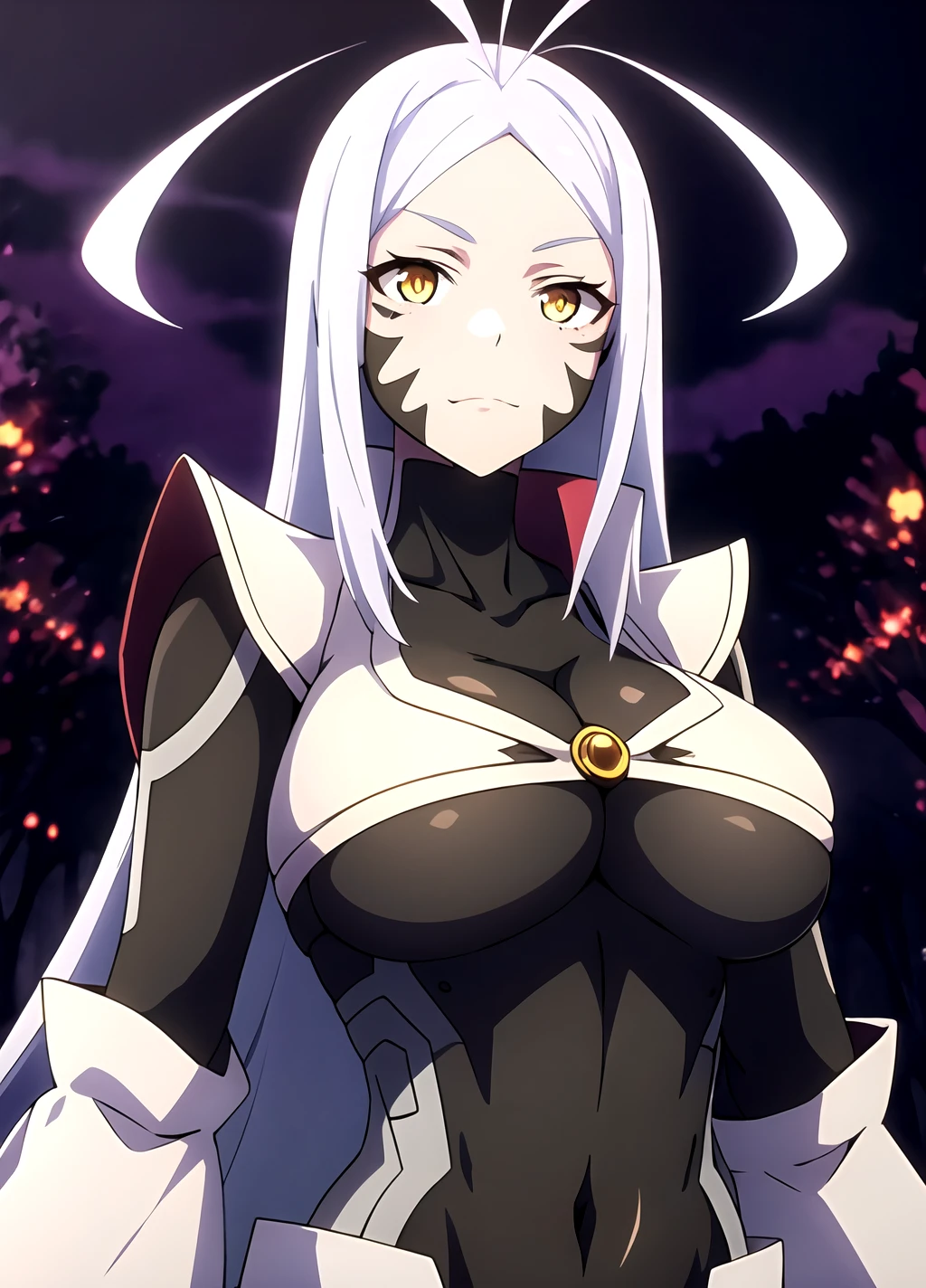 masterpiece, best quality, Aoba Wakura, 1girl, solo, breasts, long hair, large breasts, underboob, cleavage, cape, yellow eyes, facial mark, antenna hair, white hair, bodysuit, <lora:Aoba Wakura Lora anylora37r50r-000005:0.6>